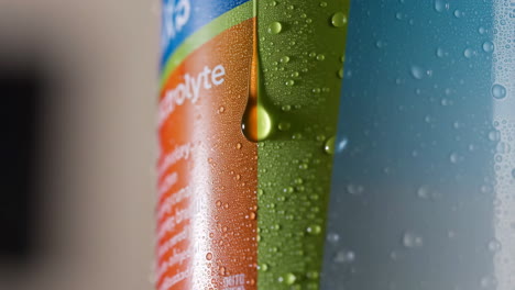 close-up of a beverage bottle covered in condensation and water drops