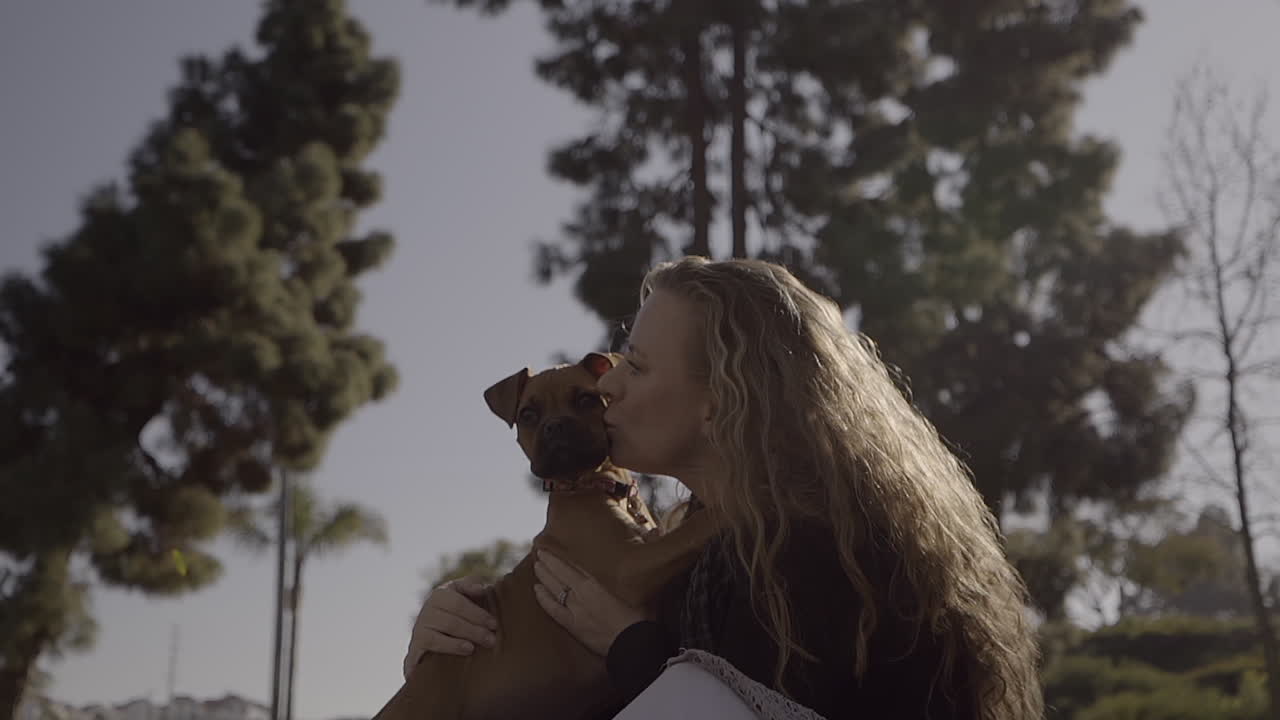 Woman kisses adorable boxer puppy at the park (Cinematic)