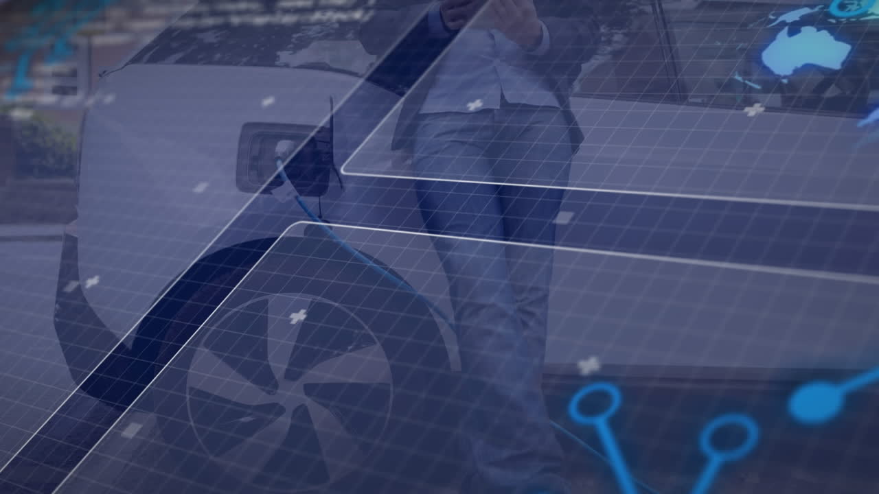 카우카스인 남자가 전기차를 는 데이터 처리의 애니메이션