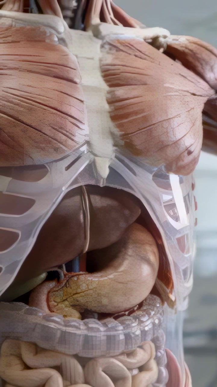 Video verticale: Telecamera in movimento che svela un modello di torso in laboratorio, mostrando fegato e intestino per lo studio.