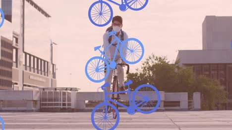 Animation-Von-Fahrrädern-über-Einem-Jungen,-Der-Eine-Maske-Beim-Radfahren-Trägt