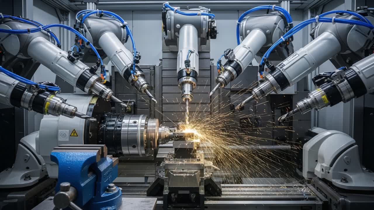 Advanced Robotic Arms Performing Precision Machining with Sparks in a High-Tech Industrial Environment, Showcasing Automation and Efficiency in Manufacturing Process