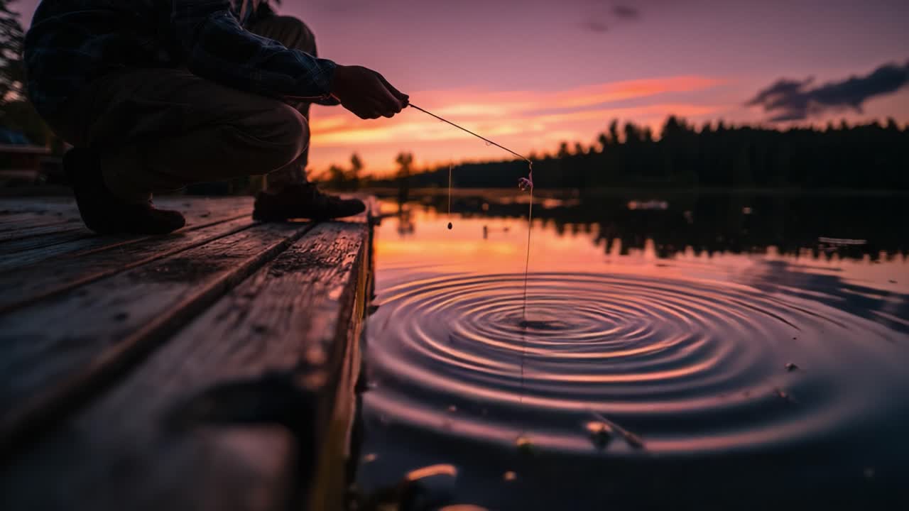 Memancing Tenang di Senja Hari: Sebuah Sore yang Damai di Tepi Air, di mana seorang pemancing menanti dengan sabar, dikelilingi keindahan alam dan warna-warni senja yang memukau terpantul di permukaan air.