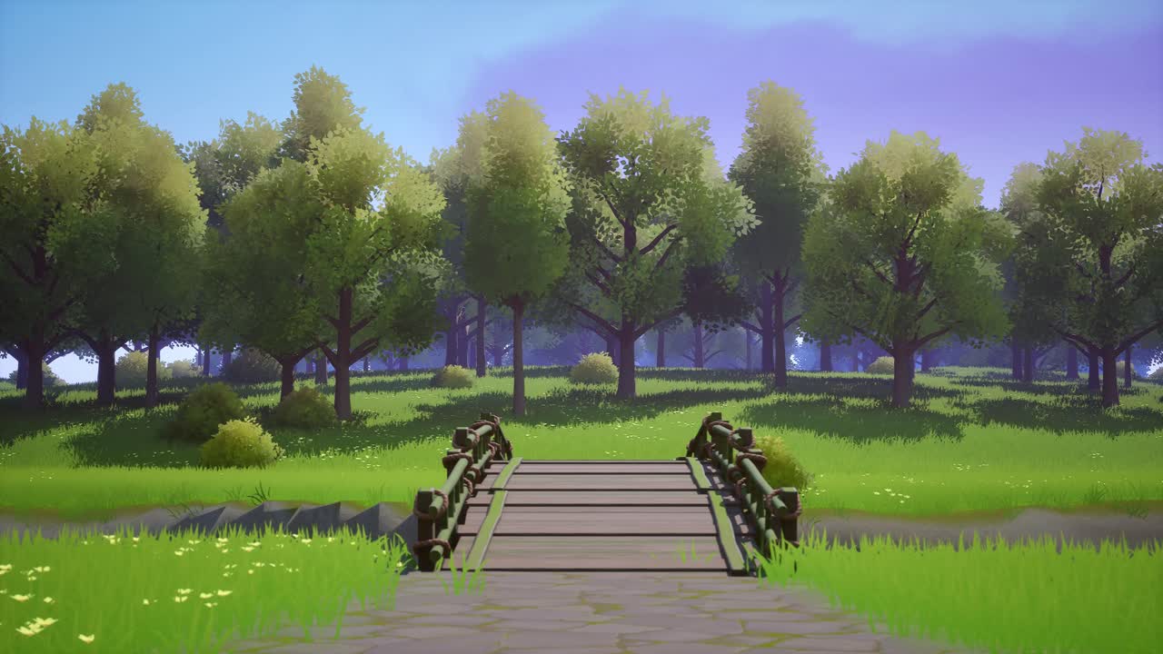 잔디, 꽃, 나무, 다리, 강 및 바람 효과, 3d 만화 스타일 애니메이션으로 정형화 된 숲 장면