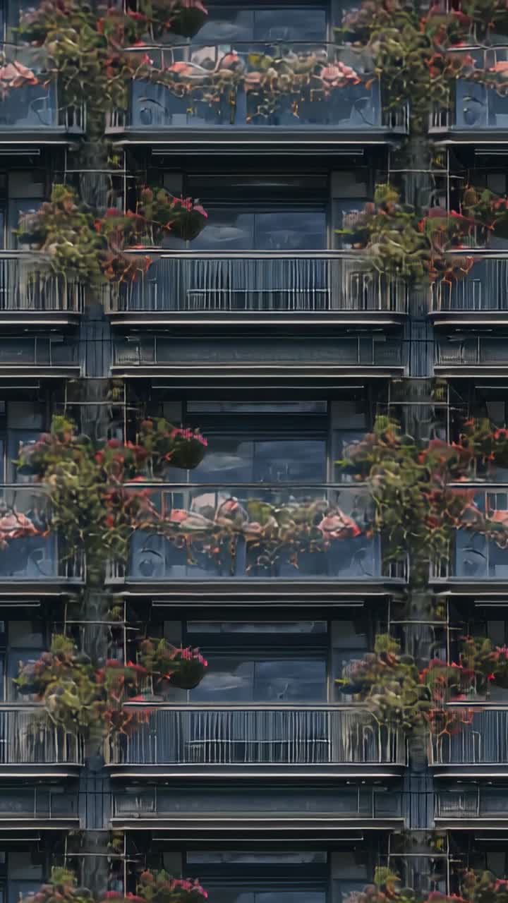 Video i portrætformat: Afspiller klip, der viser bygningsfacade med etageinddelte balkoner, planter og glasrefleksion