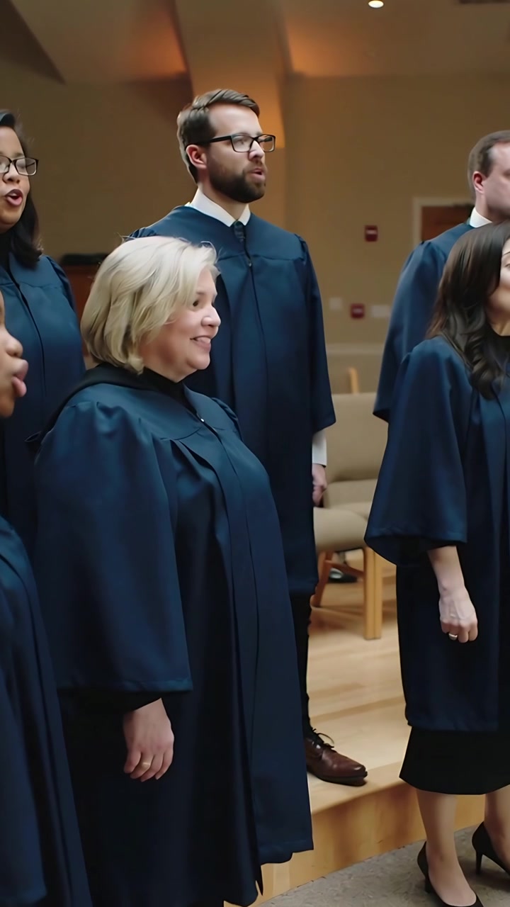 Video verticale: Coro che canta seguendo le indicazioni, in piedi su pedane in una cappella, in tonache scure per il culto.