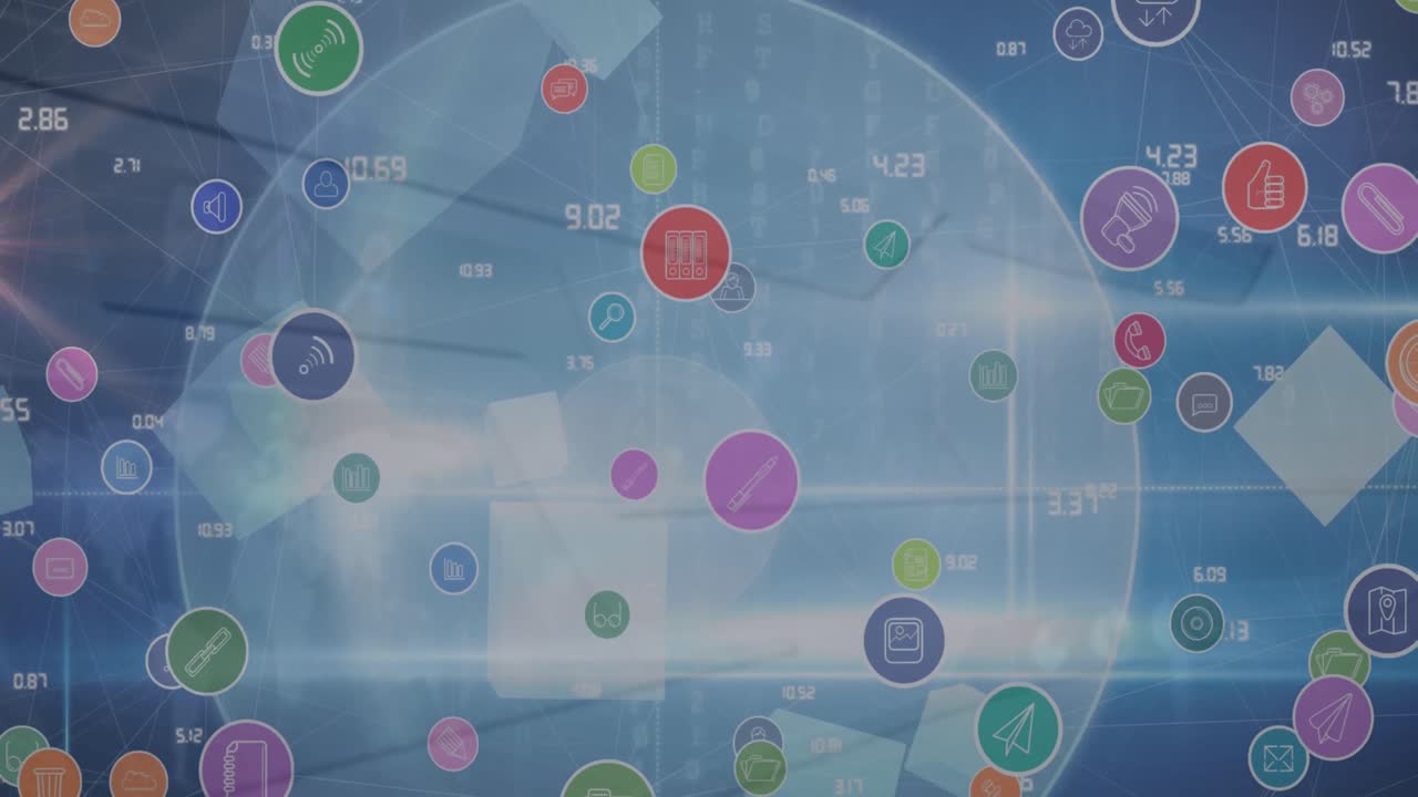 파란색 배경에 떠다니는 디지털 아이콘 네트워크의 디지털 애니메이션