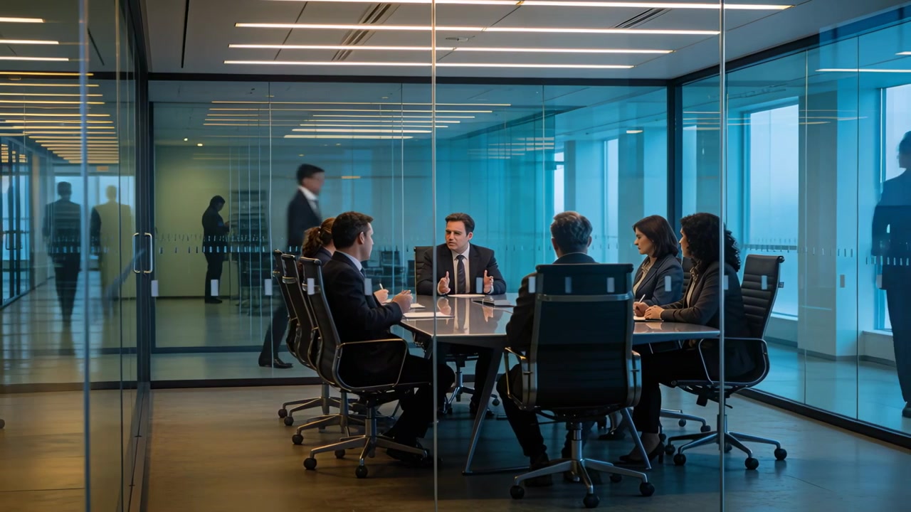 Leader starting meeting in glass room, gesturing and speaking at table colleagues taking notes
