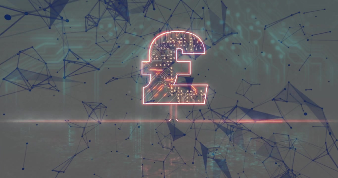 Linea di base al neon che emerge da sinistra, simbolo della sterlina che pulsa mentre la mesh si sposta, illustrando la finanza.