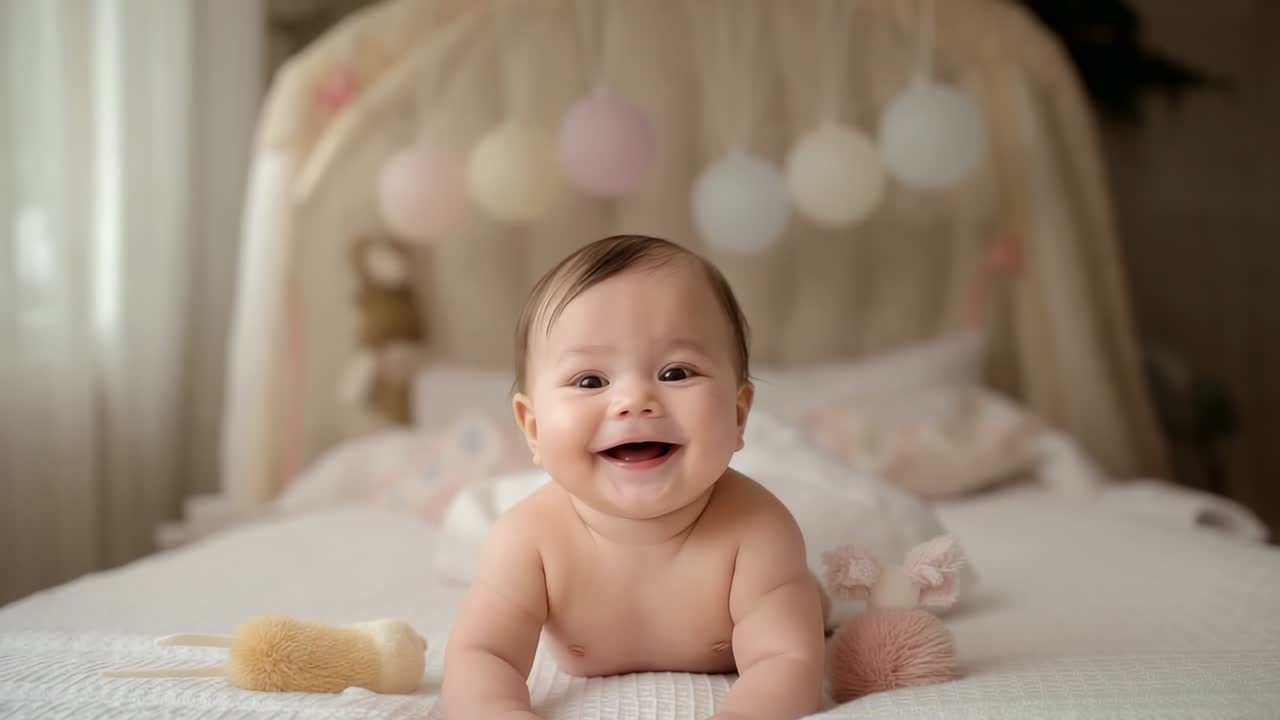 Baby girl starting tummy time pushing forearms practicing strength on nursery bed under canopy orbs