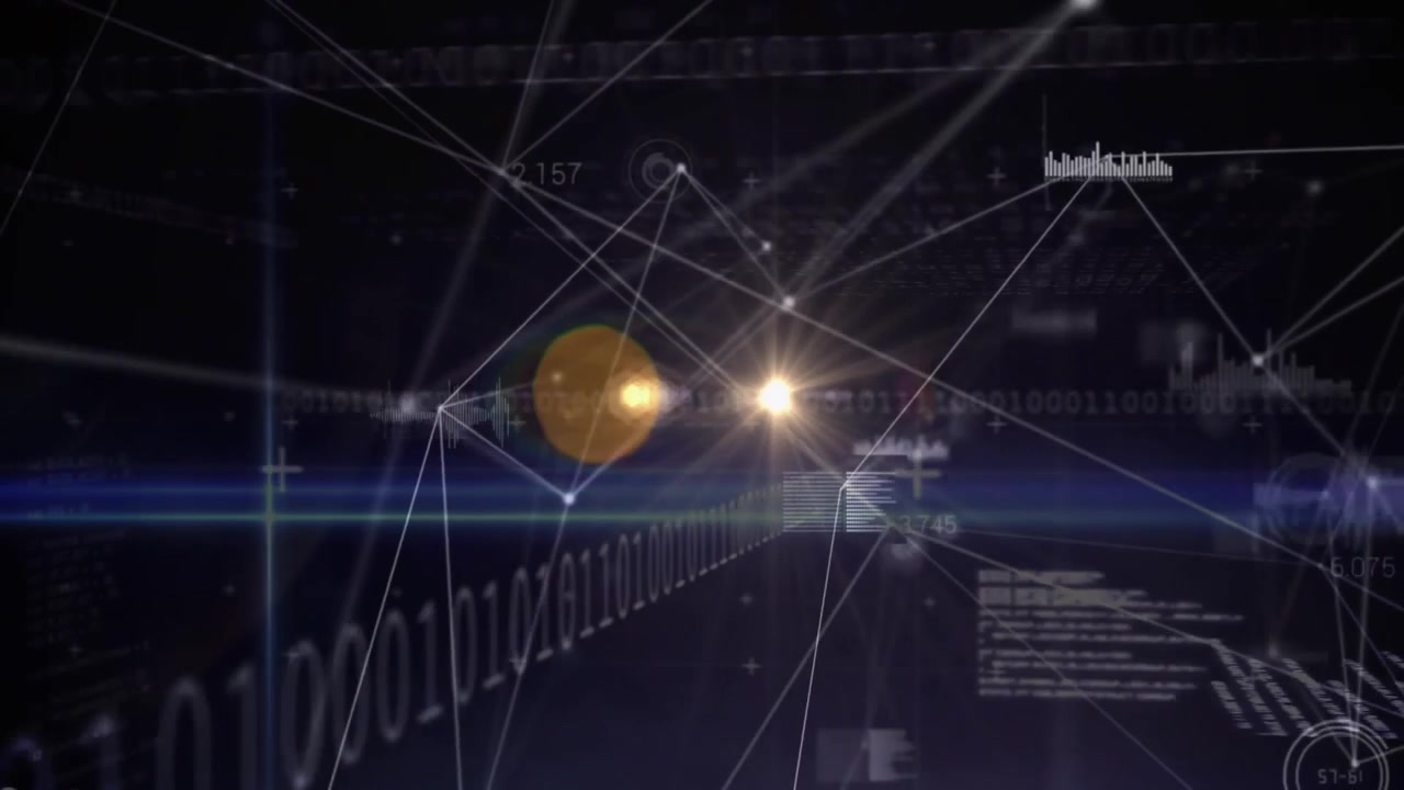 Binary digits starting wireframe network blue flare sweeping golden orb pulsating showing data flow