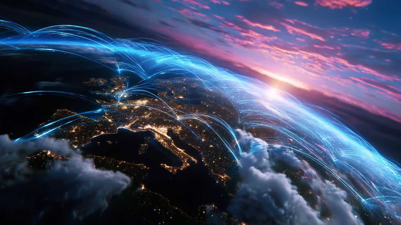 A breathtaking view of Earth from space at twilight, showcasing illuminated cities connected by vibrant, glowing data streams, symbolizing global connectivity and the information age's vast networks