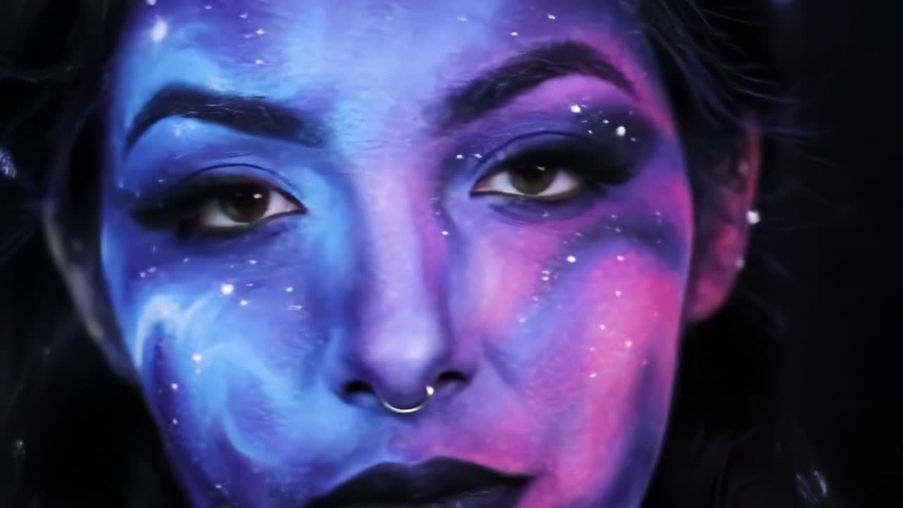 Trasformazione creativa di trucco cosmico caratterizzata da colori vivaci e design artistico