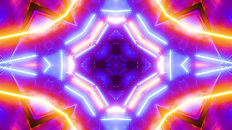 fliegen in einem tunnel mit blinkenden blauen und gelben leuchtstofflichtern. kaleidoskop-loop-animation.
