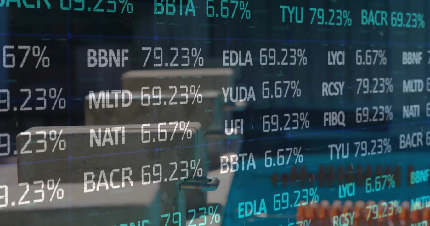 Office hand pressing release button extending grip packing luggage as AR ticker showing market data