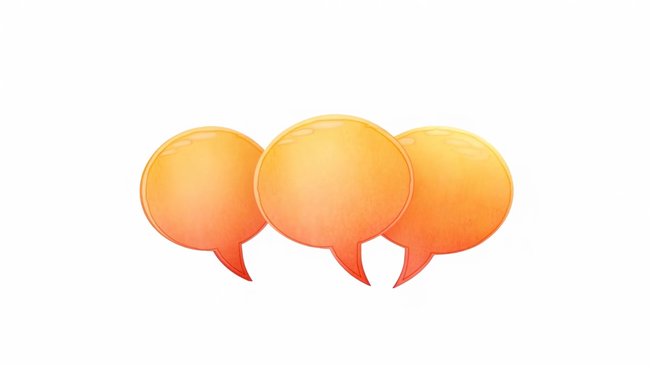 Bolle di chat con sfumatura arancione ruotano attraverso angolazioni mutevoli mentre il gruppo si separa e si sovrappone, rivelando facce arrotondate, code affusolate, riflessi lucidi e uno spazio negativo bianco pulito