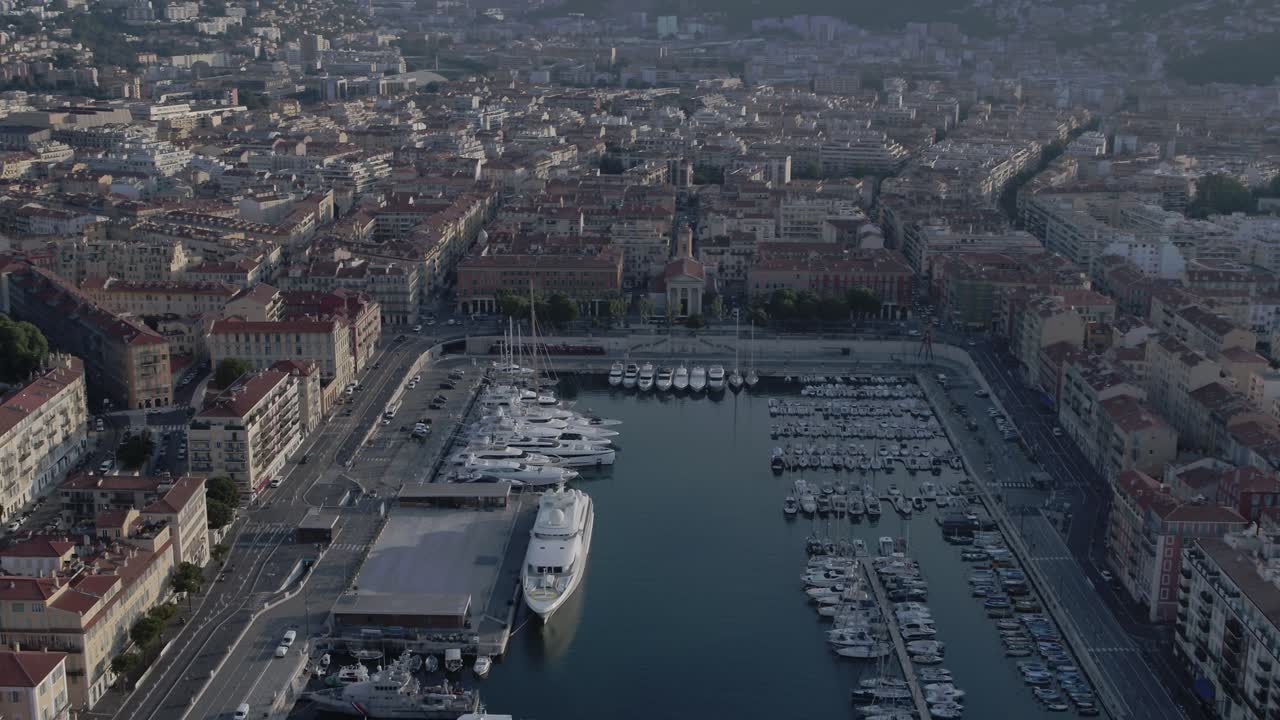 Aerial view of the Nice seaport with lot of boats and yachts