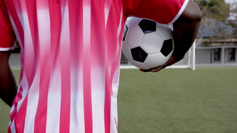 holding soccer ball, african american male athlete in striped jersey standing on field, copy space