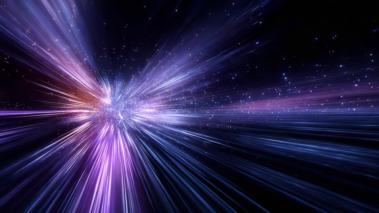 A mesmerizing view of vibrant cosmic energy radiating through a vast expanse, illustrating an exhilarating journey through space and time with dynamic bursts of color and light