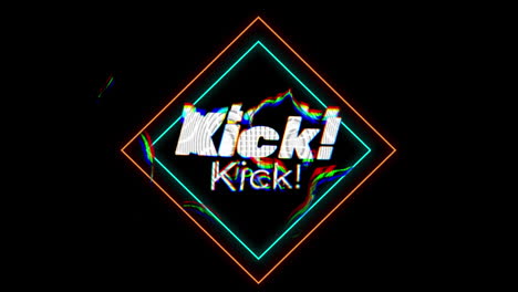 animation of kick text in white, with colorful trails and diamond shape on black background