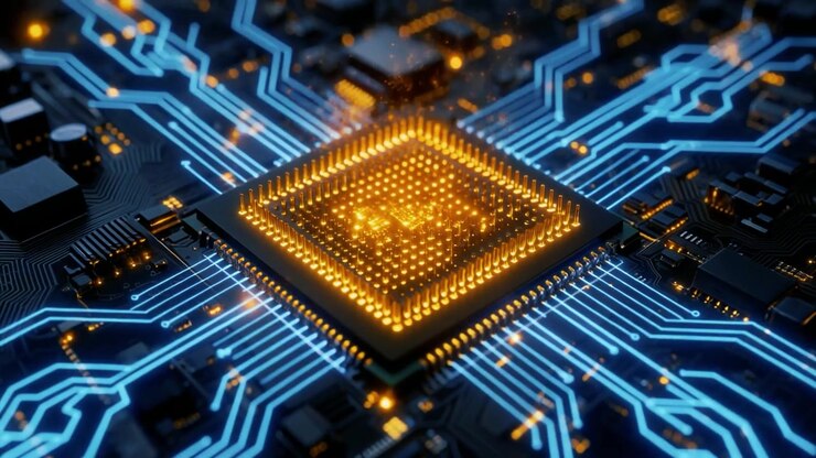 Glødende central processor på et futuristisk kredsløbskort