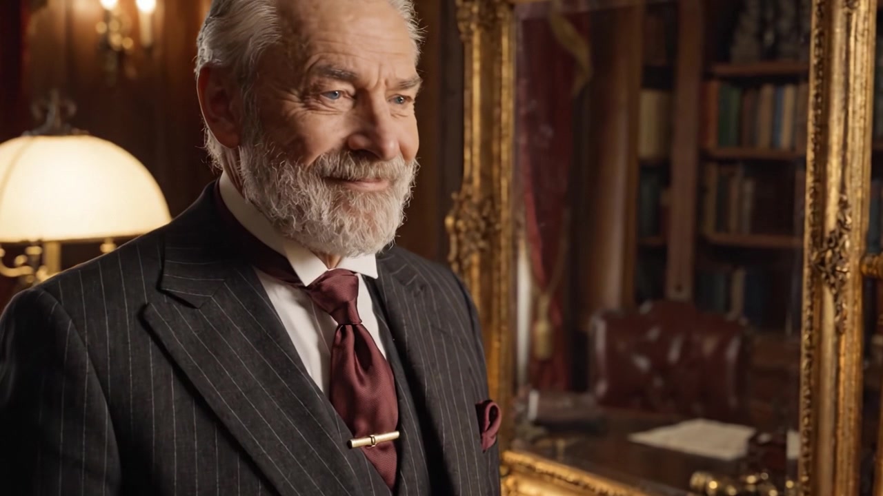 Un distinto gentiluomo in un abito sartoriale che contempla il suo riflesso in uno studio opulento, circondato da letteratura classica e arredamento antico.
