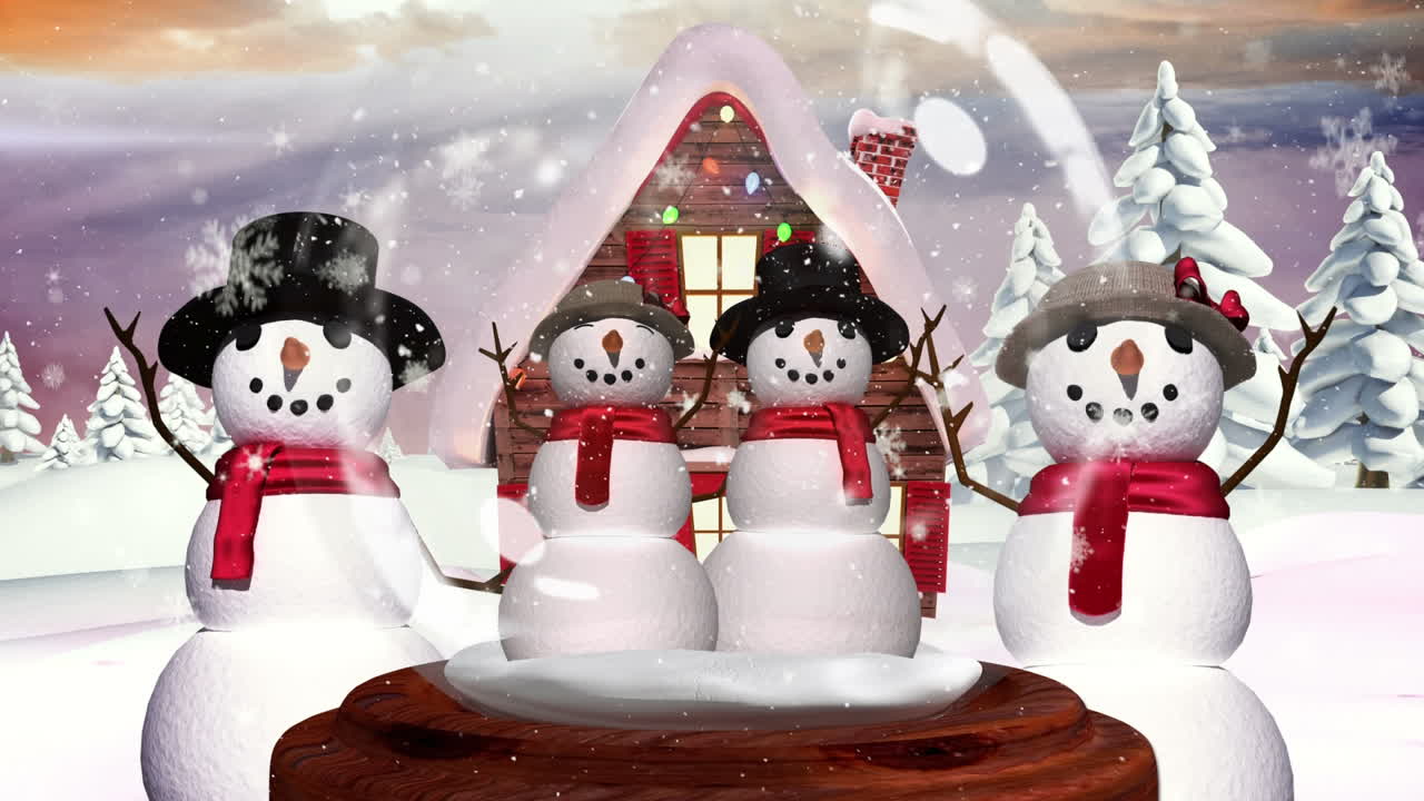 Cute Christmas animation of snowman family in magical forest 4k