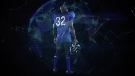 Animation-of-globe-and-network-of-connections-over-american-football-player-on-black-background