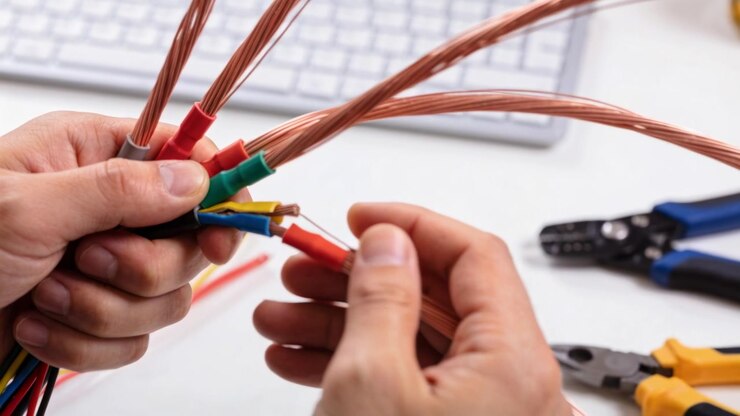 Picking skilled bare hands stripping red insulated conductor at bench preparing terminal with tools