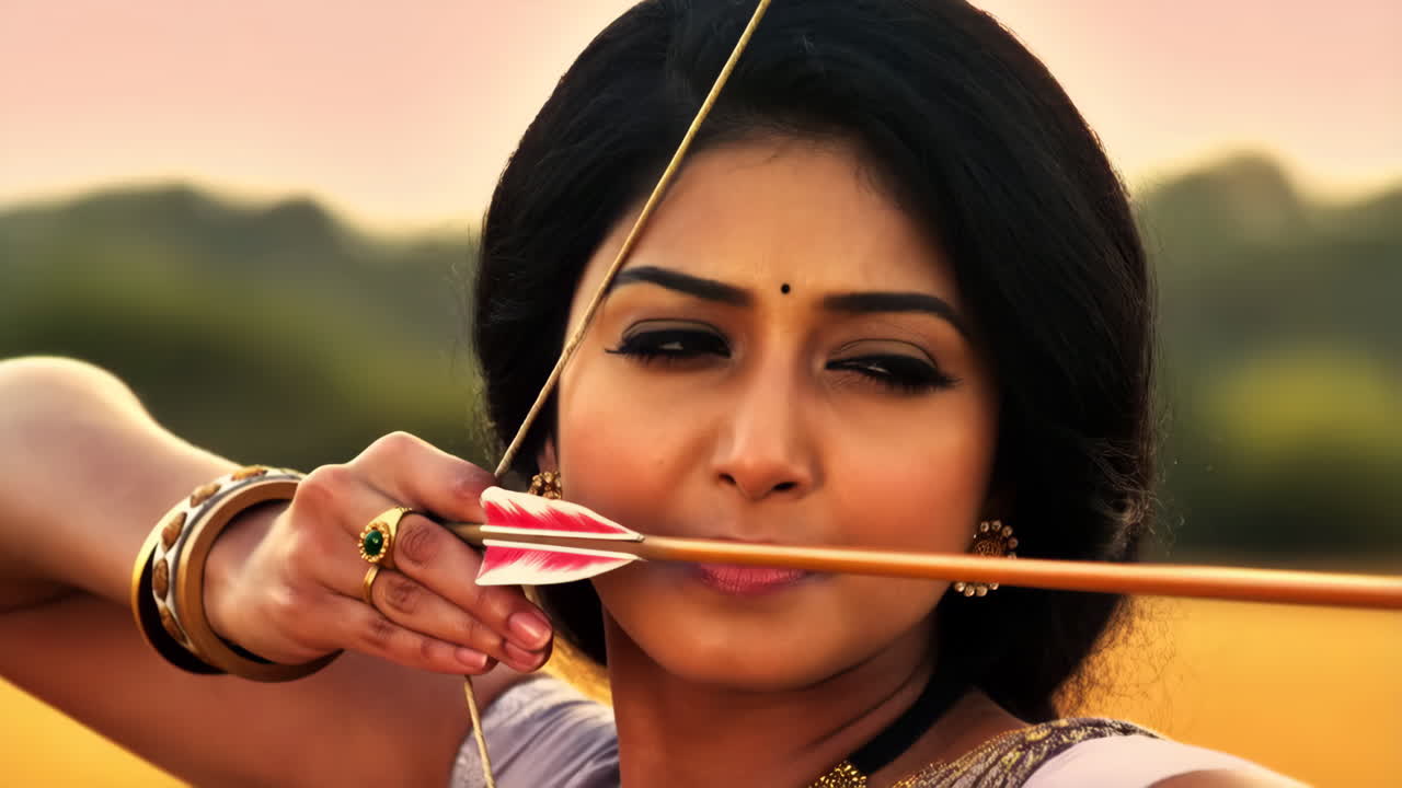 Focused Indian Woman Archer Aiming Bow and Arrow