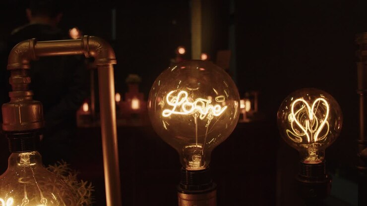 Artistic Incandescent light bulb with love inscribed in the filament