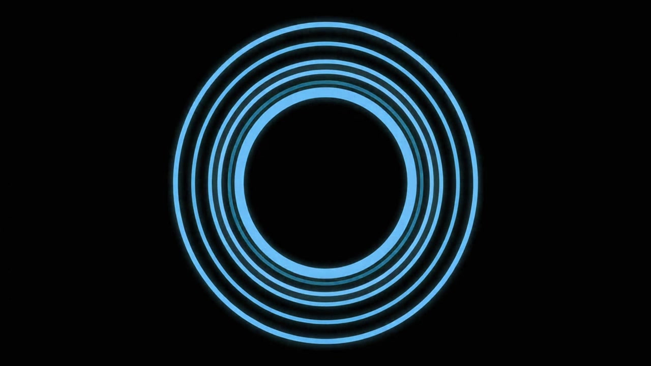Cerchi concentrici blu luminosi astratti che si espandono su sfondo nero