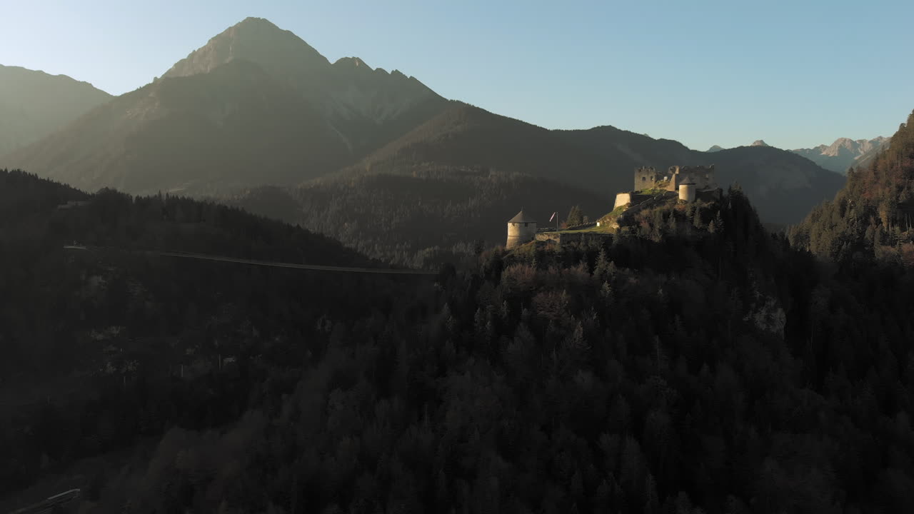 Aerial drone shot of the ruins of Ehrenberg, an ancient castle in Reutte Tyrol Austria.
