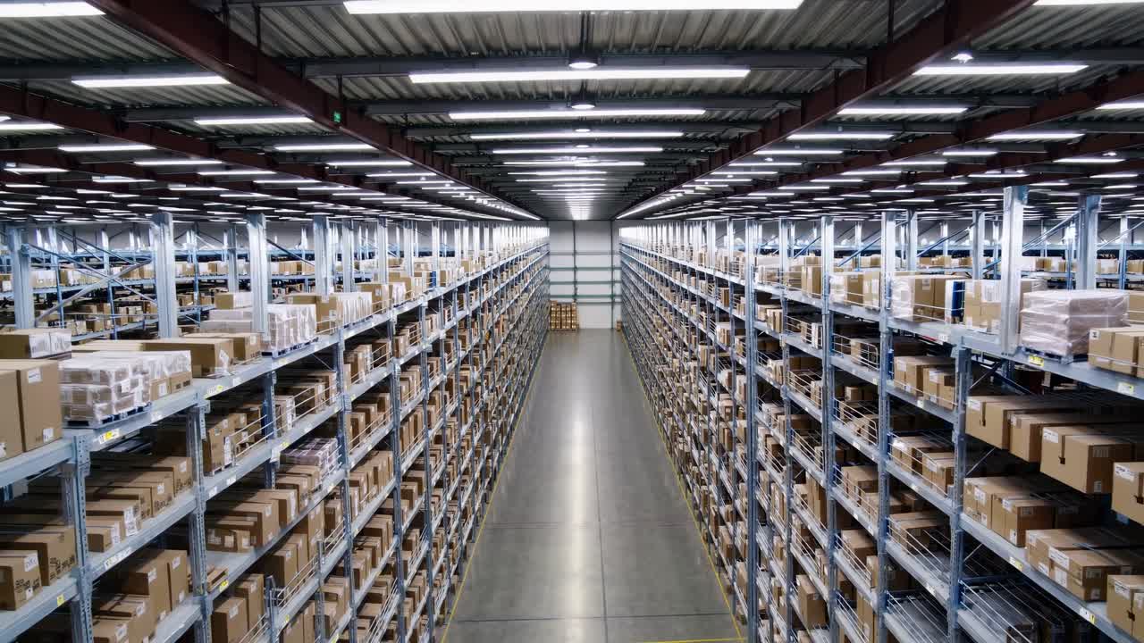 Corsia lunga in un magazzino commerciale rifornito di inventario
