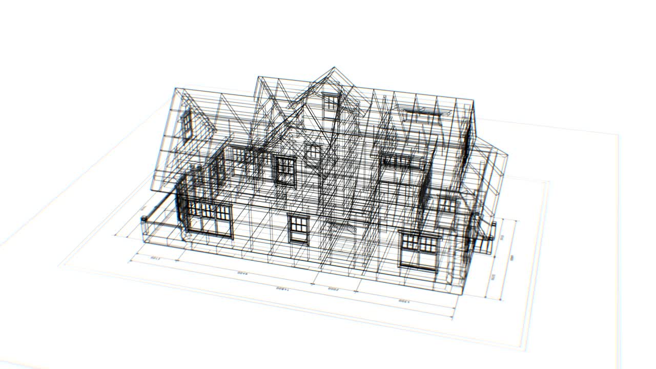 rotativo plano 3d de cabaña abstracta en plan de ingeniería sin costuras en fondo blanco. animación en bucle 3d de plano de casa abstracta. concepto de negocio de construcción.