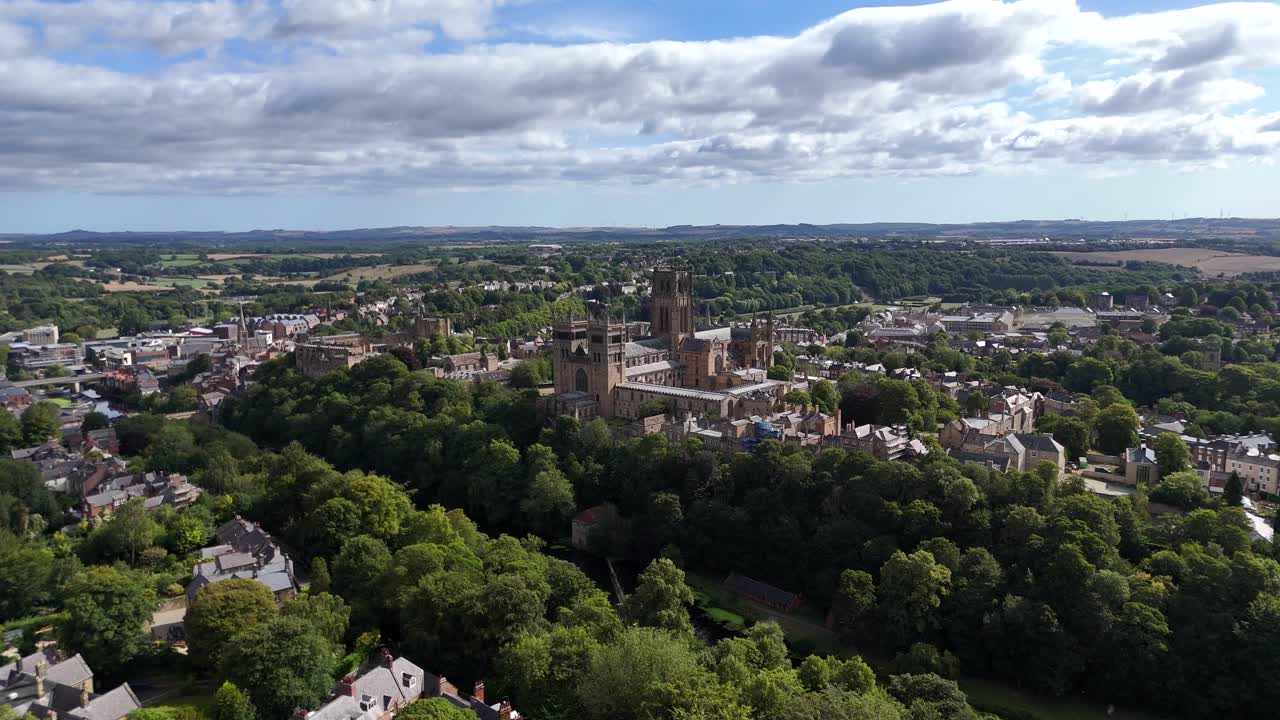 Aerial drone view of durham town city north east england uk cathedral university
