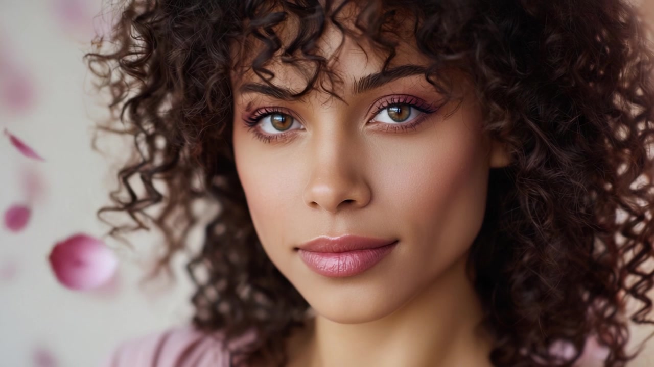 Captivating Close-Up of a Woman with Curly Hair, Enhancing Natural Beauty Amidst Delicate Flower Petals, Evoking Elegance and Graceful Charm.