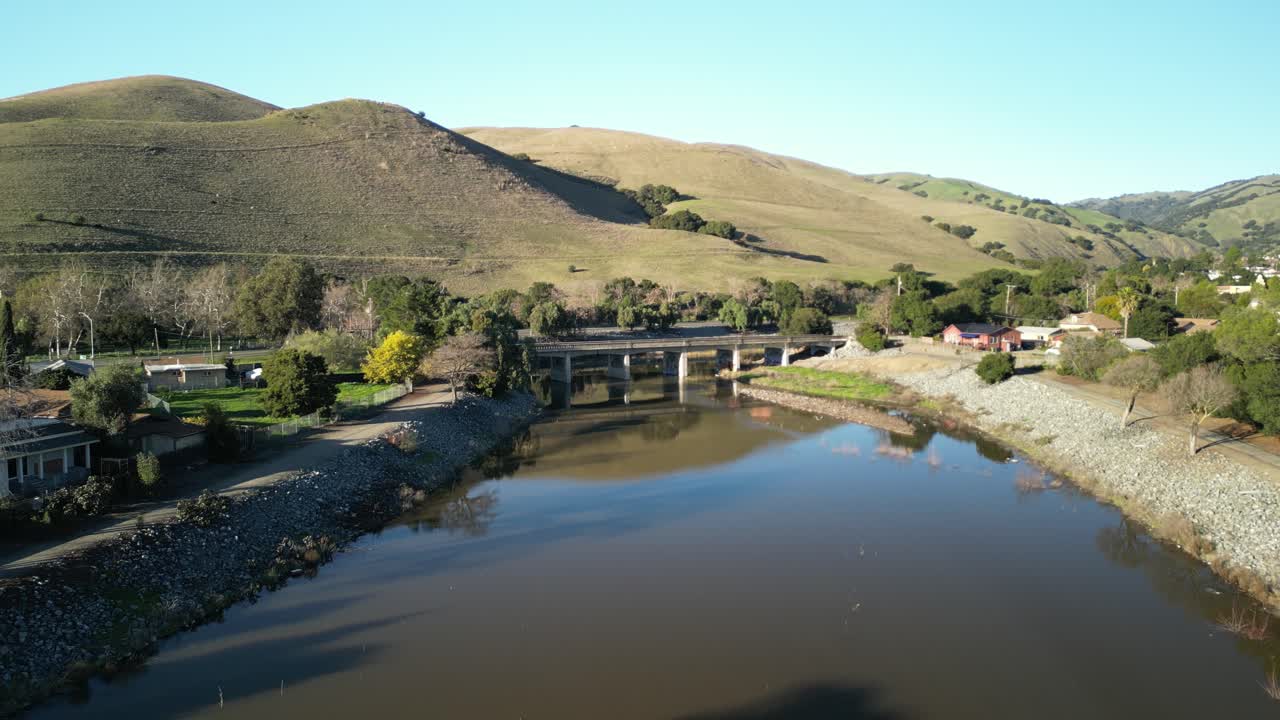 An aerial drone view presents a dynamic perspective of the Stanley Bridge, showcasing its role in Fremont’s infrastructure.