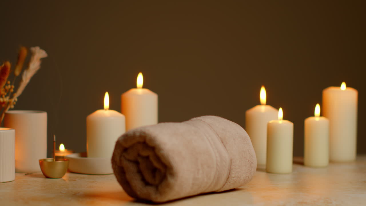 Still Life Of Lit Candles With Dried Grasses Incense Stick And Soft Towels As Part Of Relaxing Spa Day Decor 9