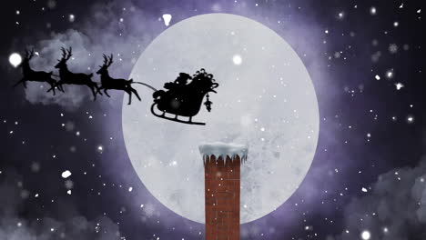 animation of snow falling over santa claus in sleigh and winter scenery