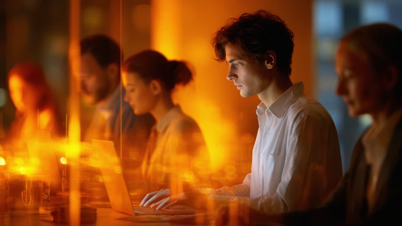 Focused Individual Working Late at Night in a Modern Office Environment, Surrounded by Colleagues, Bathed in Warm Orange Light Reflecting a Productive Atmosphere