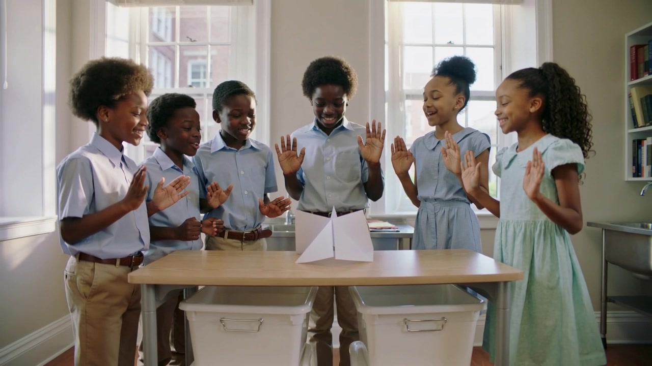Clapping uniformed kids at school table raising hands as folded paper drawing gaze