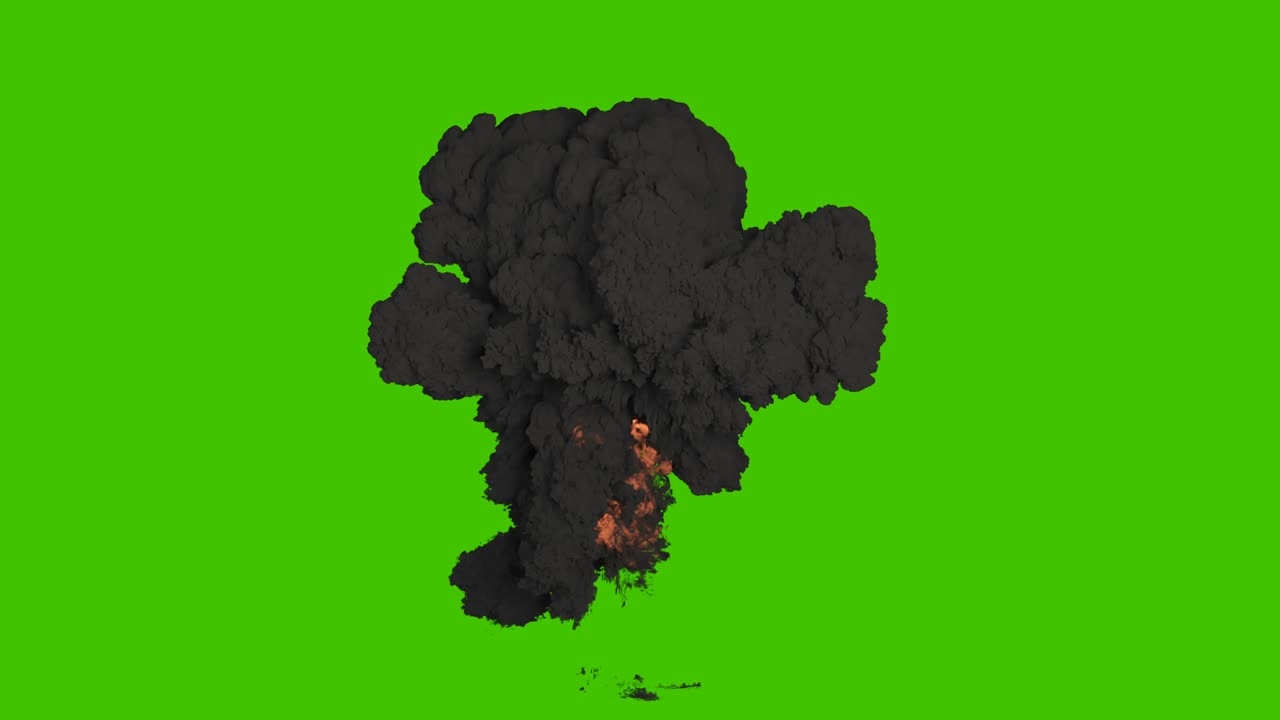 una gran explosión nuclear con mucho humo negro. explosión con humo negro, explosión de explosivos. animación vfx frente a la pantalla verde.