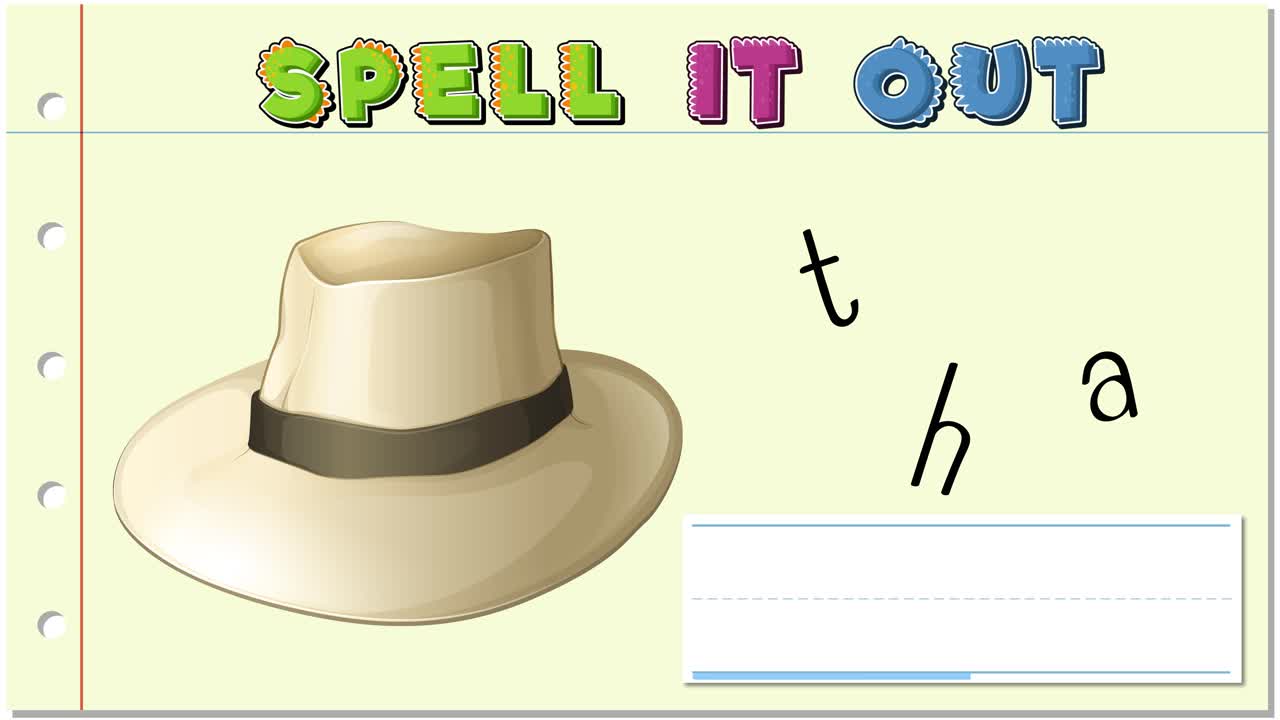 Animated sequence teaching spelling of 'hat' with playful transitions and colorful text on a light background