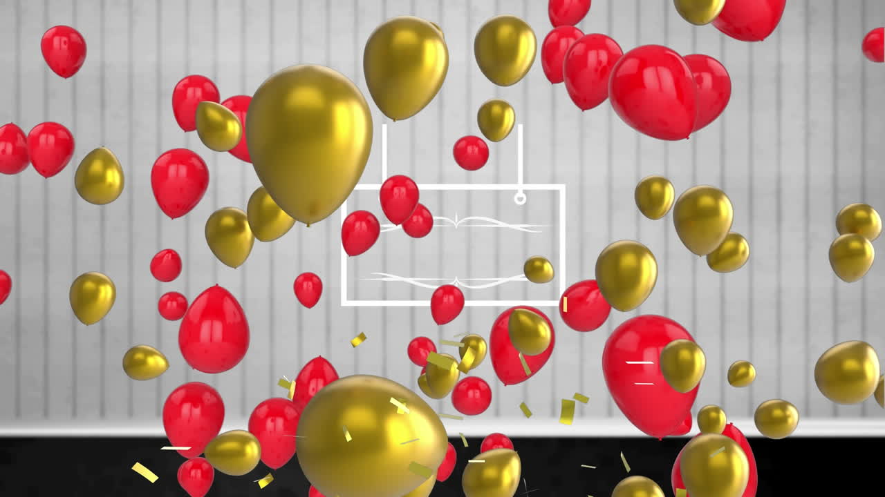 animación de globos dorados y rojos y confeti moviéndose sobre el marco sobre un fondo blanco