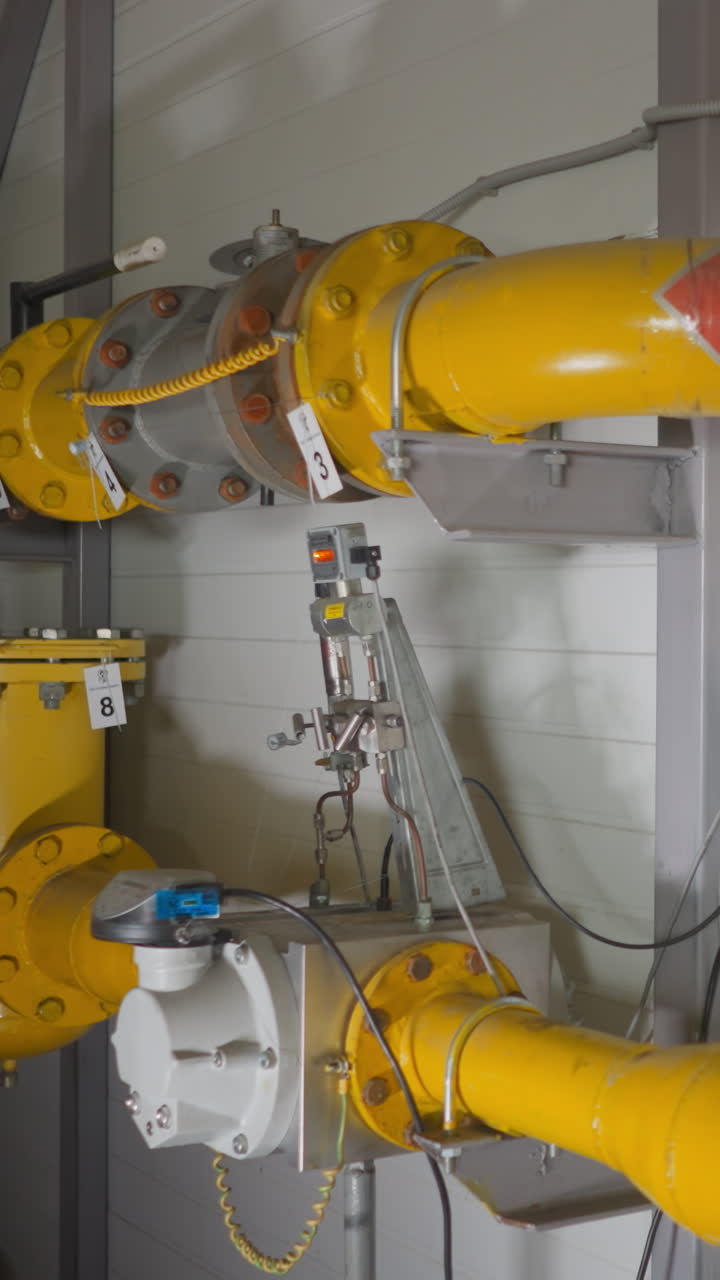 Gas flow transporting pipeline with flanges in mechanical room closeup. Yellow pipes delivering flammable fuel for water heating in boiler house
