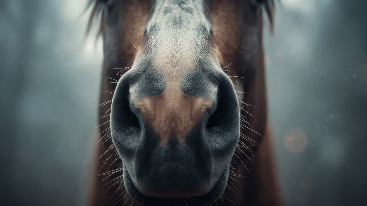 Horse muzzle breathing gently in misty forest clearing, fine whiskers and particles drifting