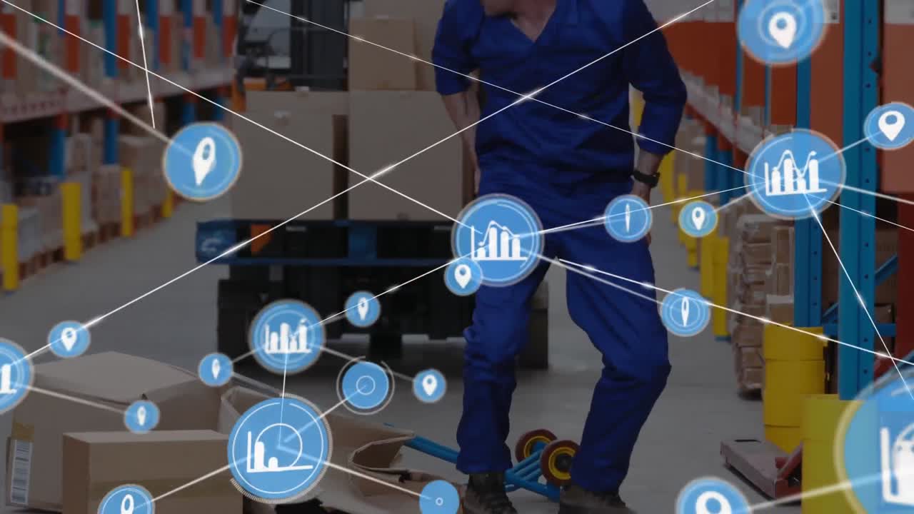 Animazione di rete di connessioni con icone su un uomo che cade in magazzino.
