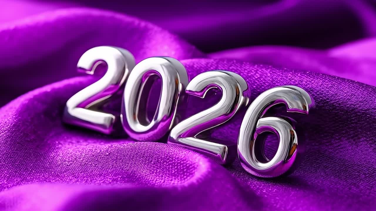 Shiny Metallic 2026 Numbers on Luxurious Purple Silk Fabric