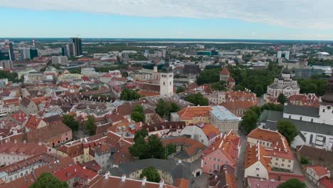 drone shot moving from right to left of tallinn old town in europe, estonia, baltics